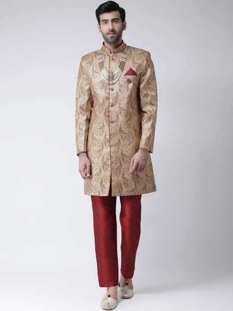 

SG RAJASAHAB Men Beige & Maroon Raw Silk Sherwani Set