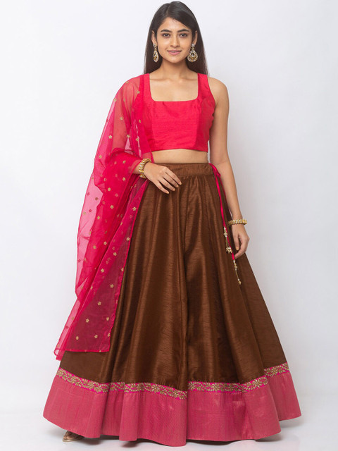 

6Y COLLECTIVE Brown & Pink Solid Ready to Wear Lehenga & Unstitched Blouse with Dupatta