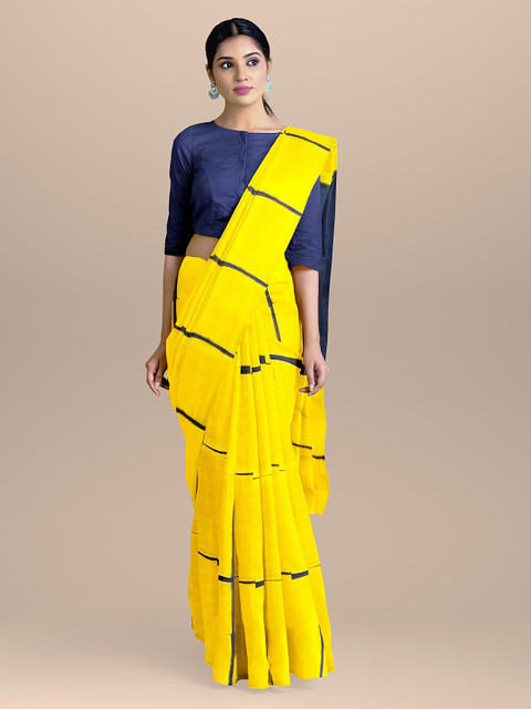 

BharatSthali Yellow Striped Pure Cotton Saree