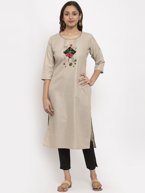 

TAG 7 Women Grey & Taupe Floral Embroidered Straight Kurta