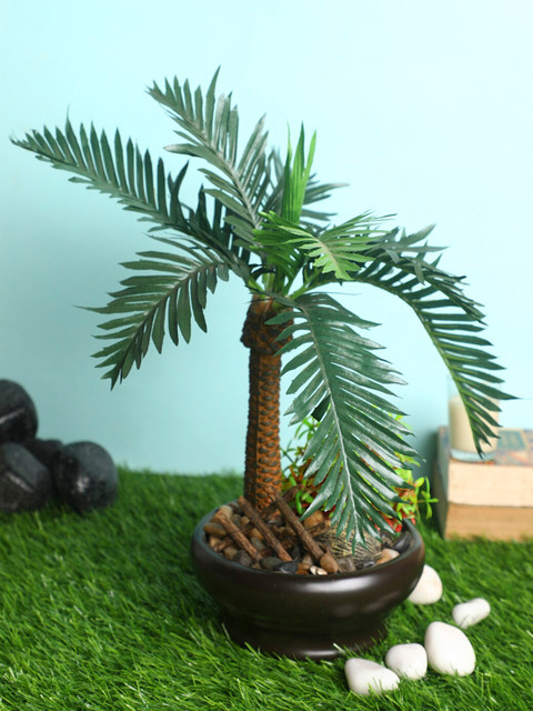 

PolliNation Green Decorative Artificial Palm Bonsai with Brown Ceramic Pot