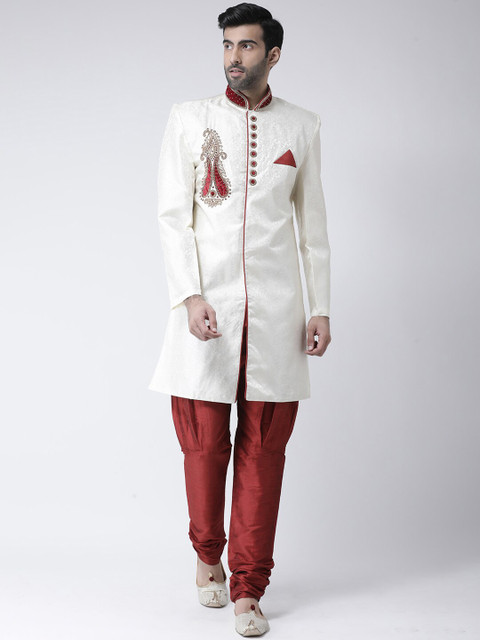 

SG LEMAN White & Maroon Woven Design Sherwani