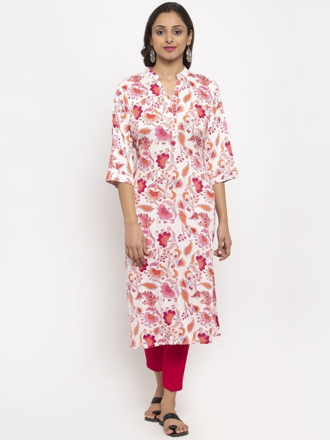 

TAG 7 Women White & Pink Floral Printed Straight Kurta