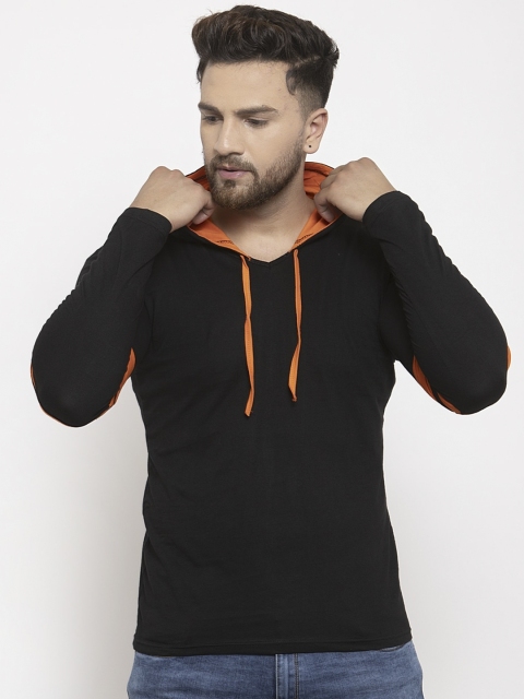 

KATSO Men Black & Orange Colourblocked Slim Fit Hood T-shirt