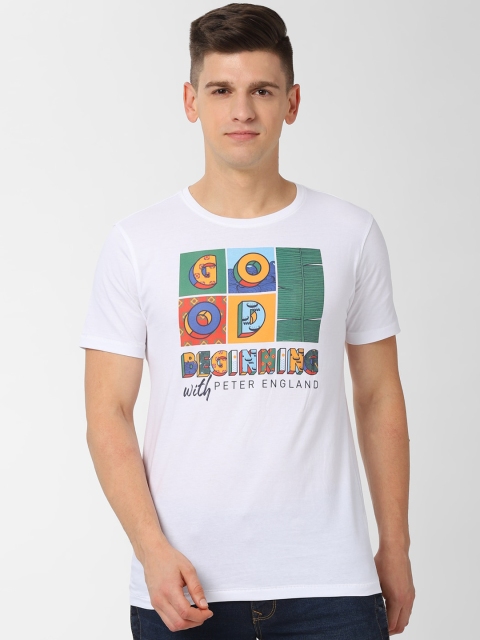

Peter England Men White Printed Round Neck Pure Cotton T-shirt