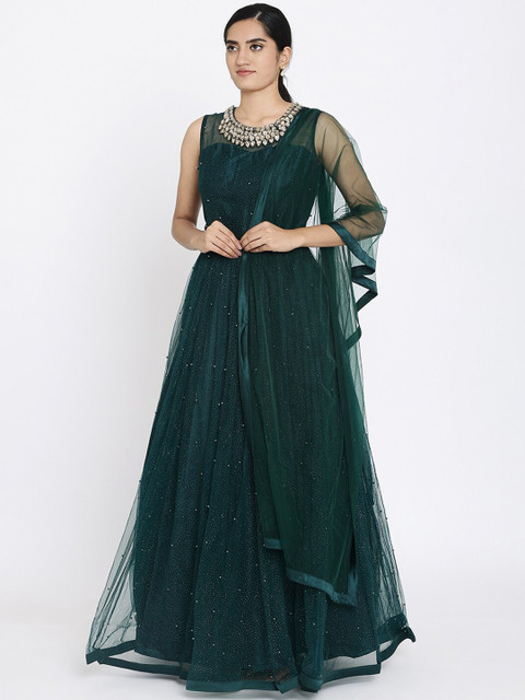 

Koskii Women Green Embellished Maxi Dress With Dupatta