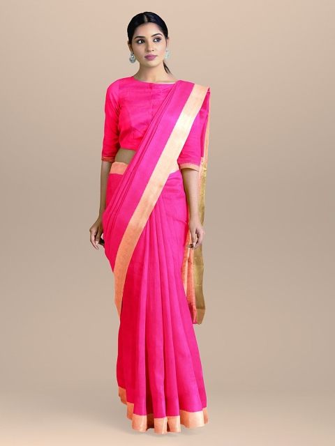 

BharatSthali Pink Solid Silk Cotton Chanderi Saree