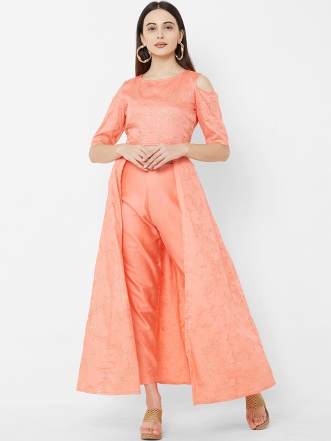 

Vedic Women Peach-Coloured Printed Front Open Straight Kurta