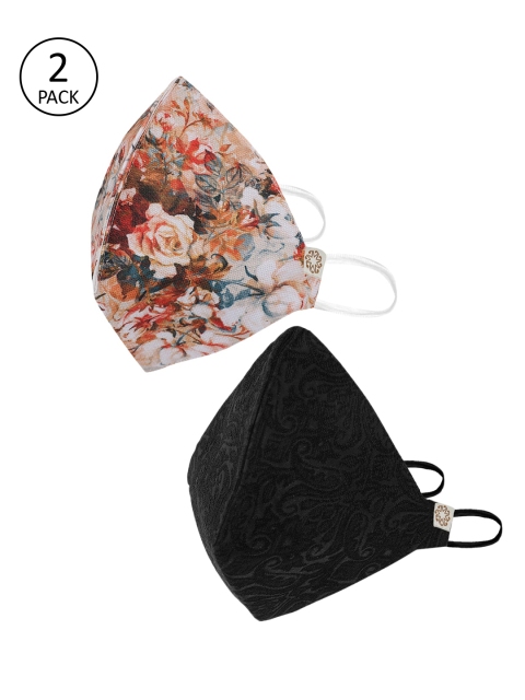 

VASTRAMAY Unisex Pack of 2 Pcs Orange & Black Reusable 4-Ply Cloth Masks With Potli Bag
