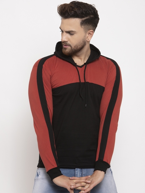 

KATSO Men Rust Brown & Black Colourblocked Slim Fit Hood T-shirt