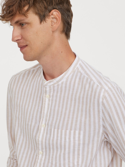

H&M Men Beige & White Striped Linen-Blend Shirt Regular Fit