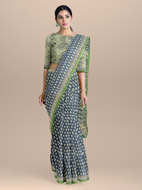 

BharatSthali Blue & Green Silk Cotton Printed Chanderi Sustainable Saree