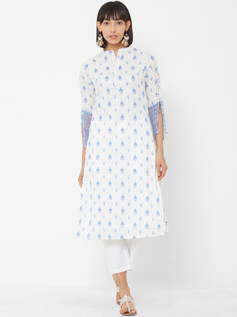 

Vedic Women White & Blue Printed A-Line Kurta