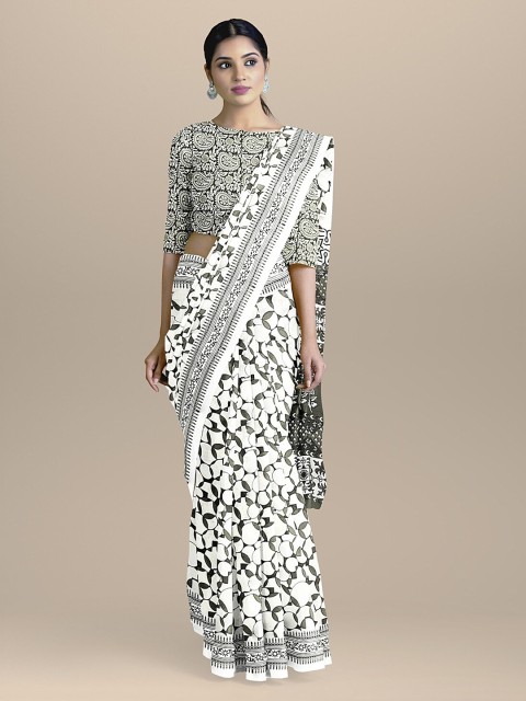 

BharatSthali White & Black Handloom Pure Cotton Print Sustainable Saree