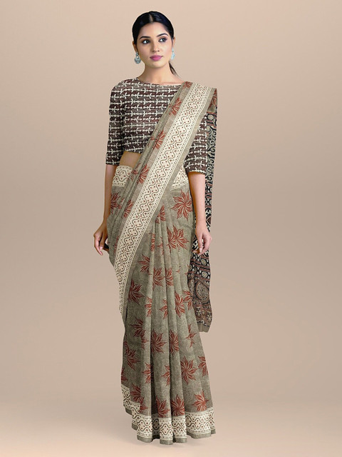 

BharatSthali Green & Brown Printed Handloom Pure Cotton Sustainable Saree