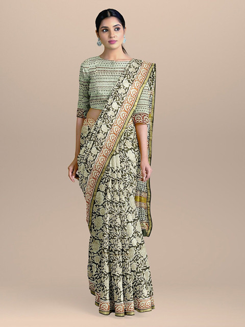 

BharatSthali Grey & Black Silk Pure Chanderi Cotton Printed Saree