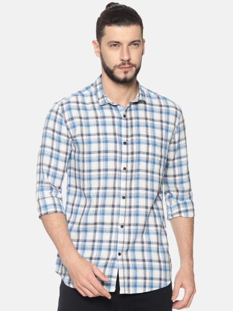 

SHOWOFF Men White & Blue Slim Fit Checked Casual Shirt