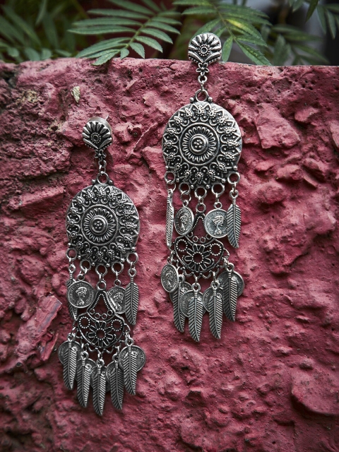 

ZeroKaata Silver-Toned Contemporary Oxidised Drop Earrings