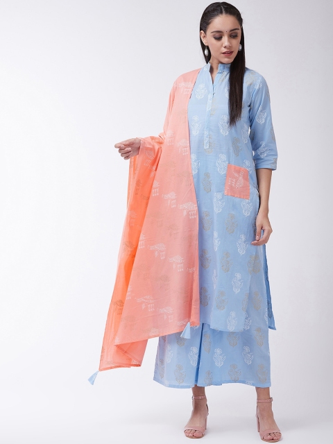 

InWeave Women Blue & Coral Embroidered Kurta with Palazzos & Dupatta