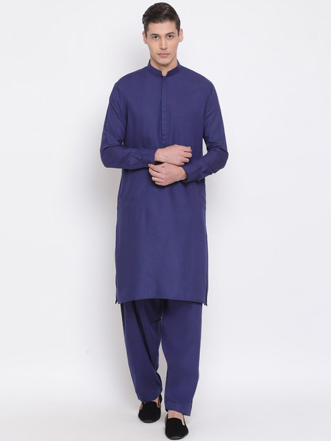 

VASTRAMAY Men Navy Blue Solid Kurta with Pyjamas