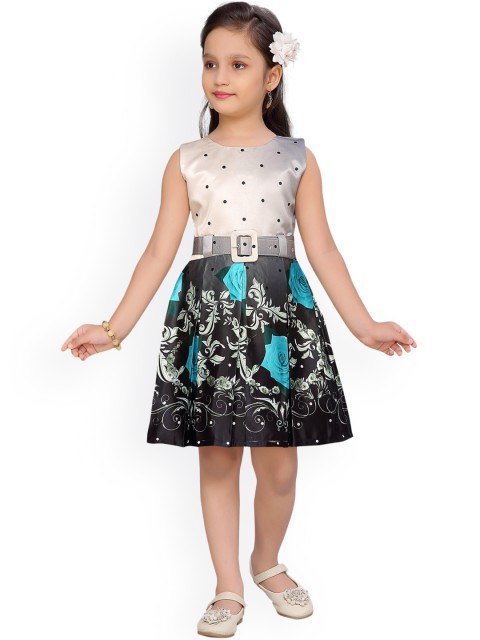 

Aarika Girls Beige And Black Floral Printed A-Line Dress