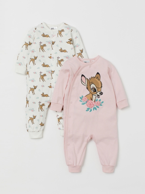 

H&M Unisex Kids White & Pink Printed 2-Pack All-In-One Pyjamas