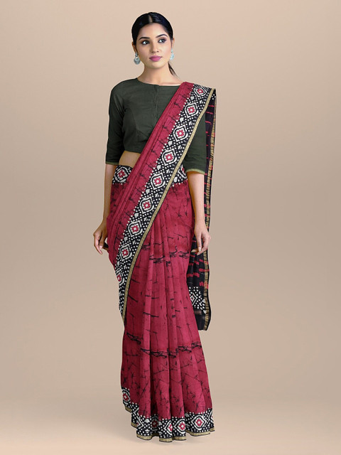 

BharatSthali Red & Black Pure Chanderi Cotton Silk Printed Sustainable Saree
