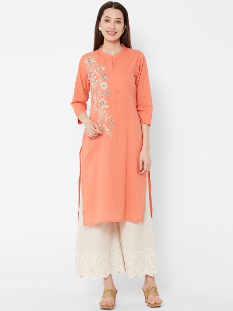 

Vedic Women Orange Floral Embroidered Straight Kurta