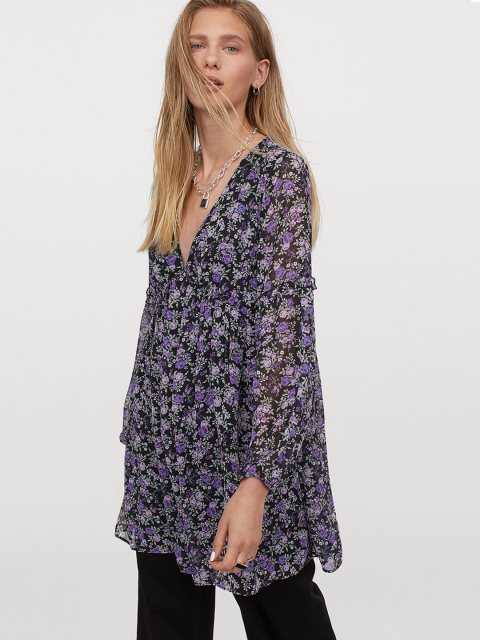 

H&M Women Black & Purple Printed A-line Dress