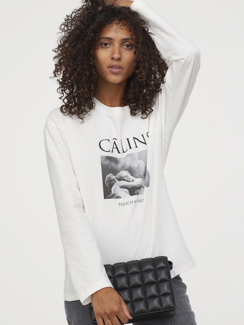 

H&M Women White Printed Pure Cotton Top