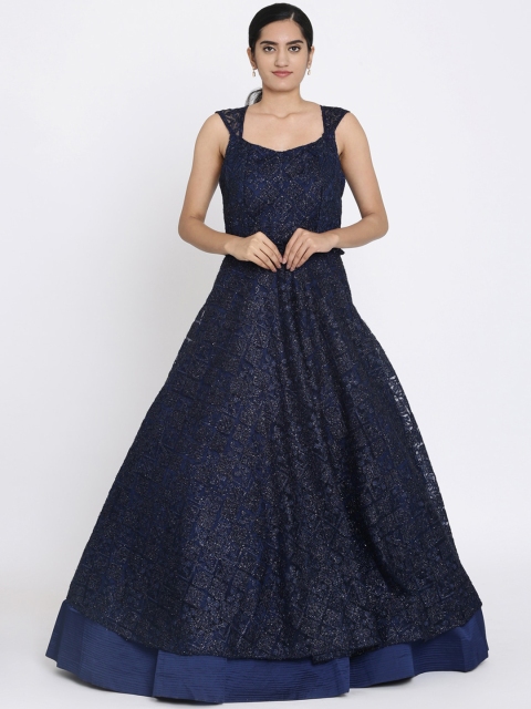 

Koskii Women Navy Blue Embellished Chikankari Net Designer Gown Maxi Dress