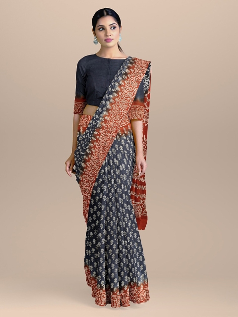 

BharatSthali Orange & Navy Blue Pure Cotton Printed Sustainable Saree