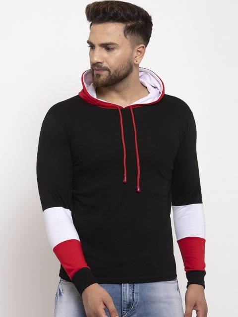 

KATSO Men Black & Red Colourblocked Slim Fit Hooded T-shirt