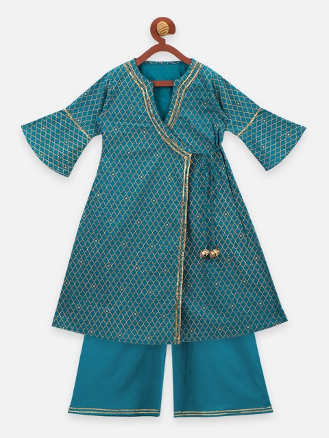 

LilPicks Girls Teal Blue & Gold-Coloured Printed Kurta with Palazzos