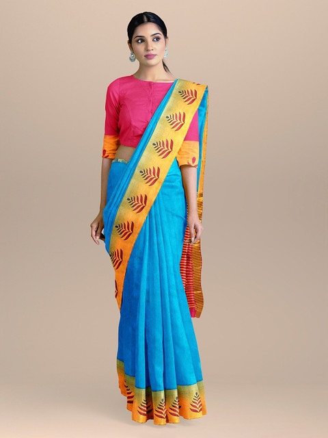 

BharatSthali Blue Solid Silk Cotton Sustainable Saree