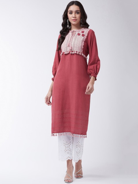 

InWeave Women Red & Off-White Schiffli Kurta with Chikankari Trousers