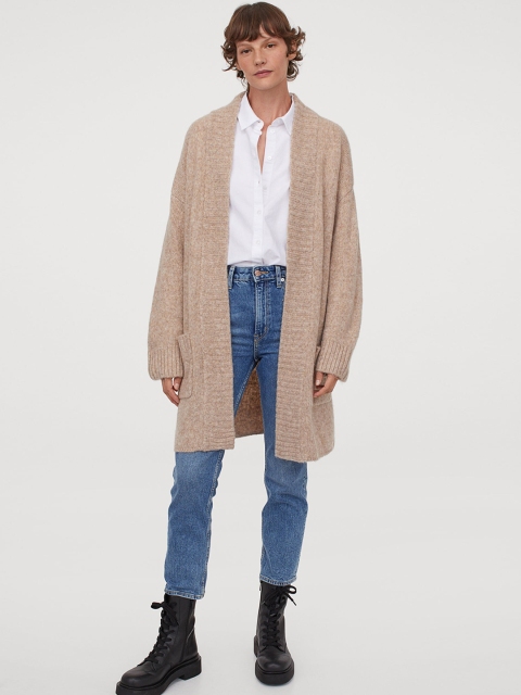 

H&M Women Beige Solid Knitted Cardigan