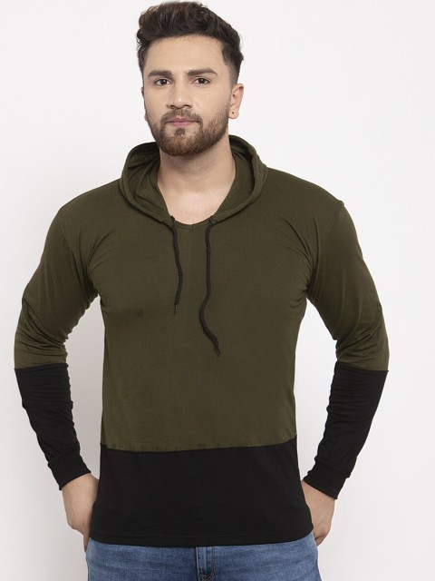 

KATSO Men Olive Green & Black Colourblocked Hood T-shirt