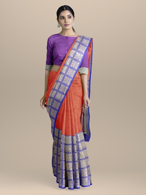 

BharatSthali Rust Orange & Blue Silk Cotton Woven Design Banarasi Sustainable Saree