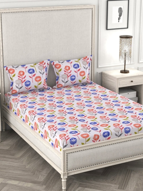 

URBAN SPACE Blue & Red Floral 120 TC Cotton 1 Queen Bedsheet with 2 Pillow Covers