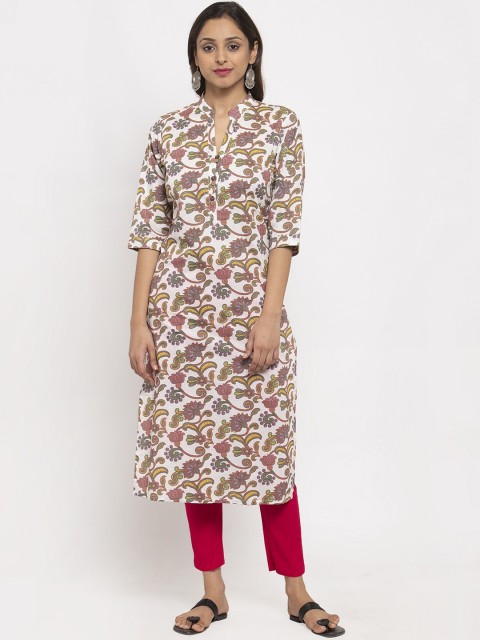 

TAG 7 Women White & Multicoloured Printed Straight Kurta