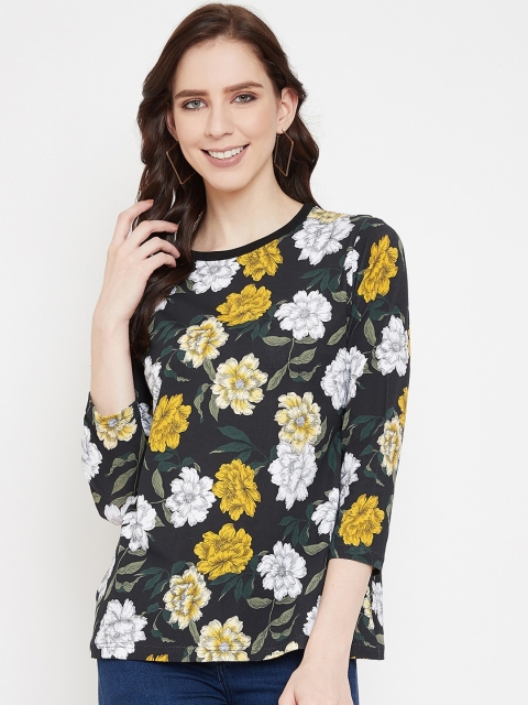 

Hypernation Women Black & Yellow Floral Printed Round Neck T-shirt