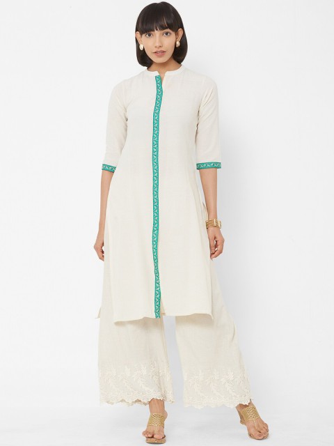 

Vedic Women White & Sea Green Solid A-Line Kurta