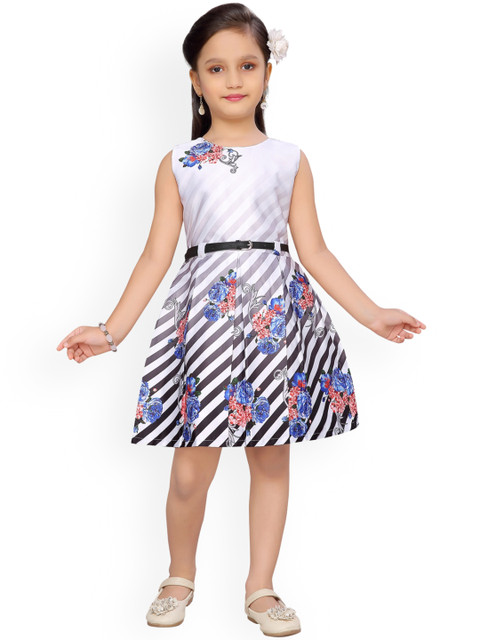 

Aarika Girls White & Black Floral Printed Fit and Flare Dress