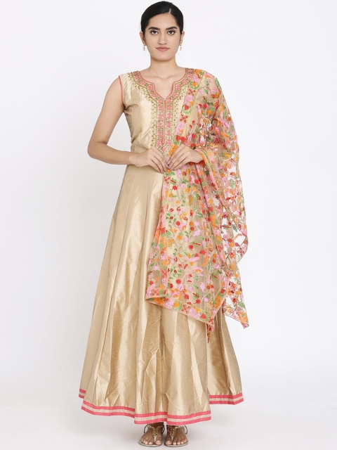 

Koskii Women Gold-Toned Embroidered Ethnic Maxi Dress with Dupatta