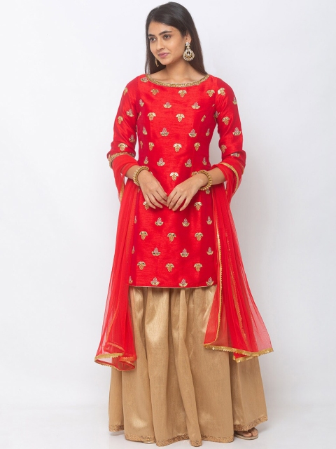 

6Y COLLECTIVE Women Red & Gold-Toned Embroidered Kurta with Sharara & Dupatta