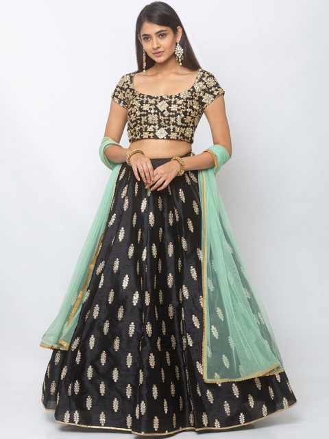 

6Y COLLECTIVE Black & Green Embroidered Ready to Wear Lehenga & Unstitched Blouse with Dupatta