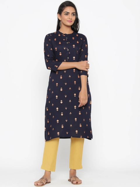 

WomenMagic Women Navy Blue & Peach-Coloured Printed Straight Kurta