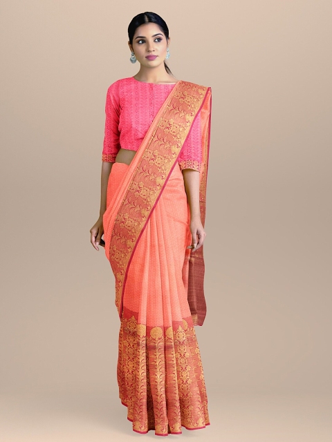 

BharatSthali Peach-Coloured Silk Cotton Printed Banarasi Saree