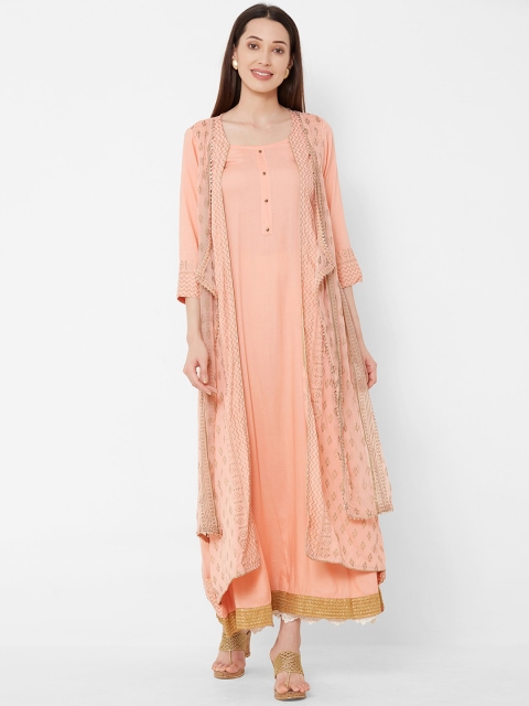 

Vedic Women Peach-Coloured & Brown Printed Straight Kurta With Jacket
